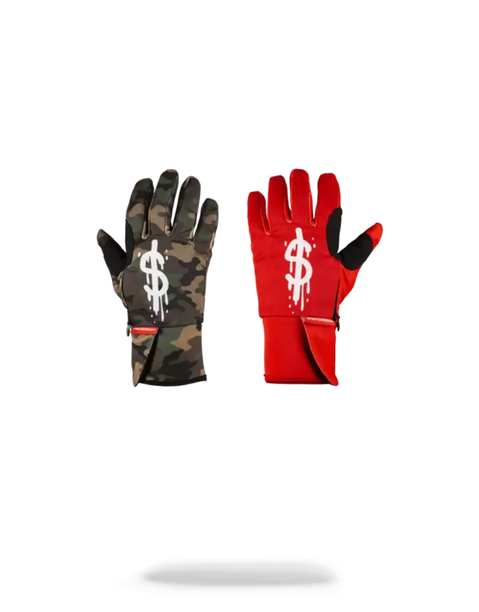 LEFT RED / RIGHT CAMO MONEY DRIPS GLOVES LEFT RED / RIGHT CAMO MONEY DRIPS GLOVES