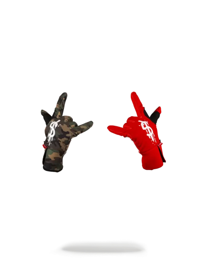 LEFT RED / RIGHT CAMO MONEY DRIPS GLOVES LEFT RED / RIGHT CAMO MONEY DRIPS GLOVES